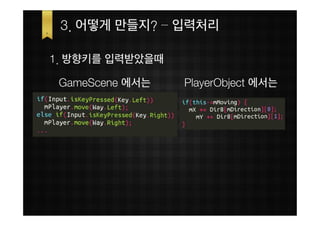 3. 어떻게 만들지? – 입력처리

1. 방향키를 입력받았을때

 GameScene 에서는   PlayerObject 에서는
 