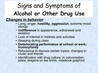 Signs and Symptoms of Alcohol or Other Drug Use Changes in behavior Lying, anger,  hostility, aggression , extreme mood swings Indifference  in appearance, withdrawal and isolation Loss of interest in hobbies and activities Sleeping during class Deteriorating performance at school or work; truancy/tardy Reluctance to discuss certain topics; changes in music and friends Identification with drug culture, in conversation, jokes, slogans on tee shirts, notebook graphics 