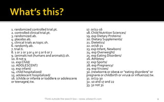 1. randomized controlled trial.pt.
2. controlled clinical trial.pt.
3. randomized.ab.
4. placebo.ab.
5. clinical trials as topic.sh.
6. randomly.ab.
7. trial.ti.
8. 1 or 2 or 3 or 4 or 5 or 6 or 7
9. (animals not (humans and animals)).sh.
10. 8 not 9
11. exp Child/
12. ADOLESCENT/
13. exp infant/
14. child hospitalized/
15. adolescent hospitalized/
16. (child$ or infant$ or toddler$ or adolescen$
or teenage$).tw.
Think outside the search box C www.2dsearch.com 2
17. or/11-16
18. Child Nutrition Sciences/
19. exp Dietary Proteins/
20. Dietary Supplements/
21. Dietetics/
22. or/18-21
23. exp Infant, Newborn/
24. exp Overweight/
25. exp Eating Disorders/
26. Athletes/
27. exp Sports/
28. exp Pregnancy/
29. expViruses/
30. (newborn$ or obes$ or "eating disorder$" or
pregnan$ or childbirth or virus$ or influenza).tw.
31. or/23-30
32. 10 and 17 and 22
33. 32 not 31
 