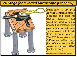 2D Stage for Inverted Microscope (Economy)
Introducing a 2D (X-Y)
Joystick controlled stage I
designed and built for
Optical Tweezers, but
could be used with any
inverted microscope. This
was a low budget stage
system composed of parts
from different vendors.
The X-Y linear stage had
100nm and X-Piezo stage
had .06nm resolution. The
stage cost around $2300
(without piezo).
Youtube: https://youtu.be/3hyVFVzXgvY
 