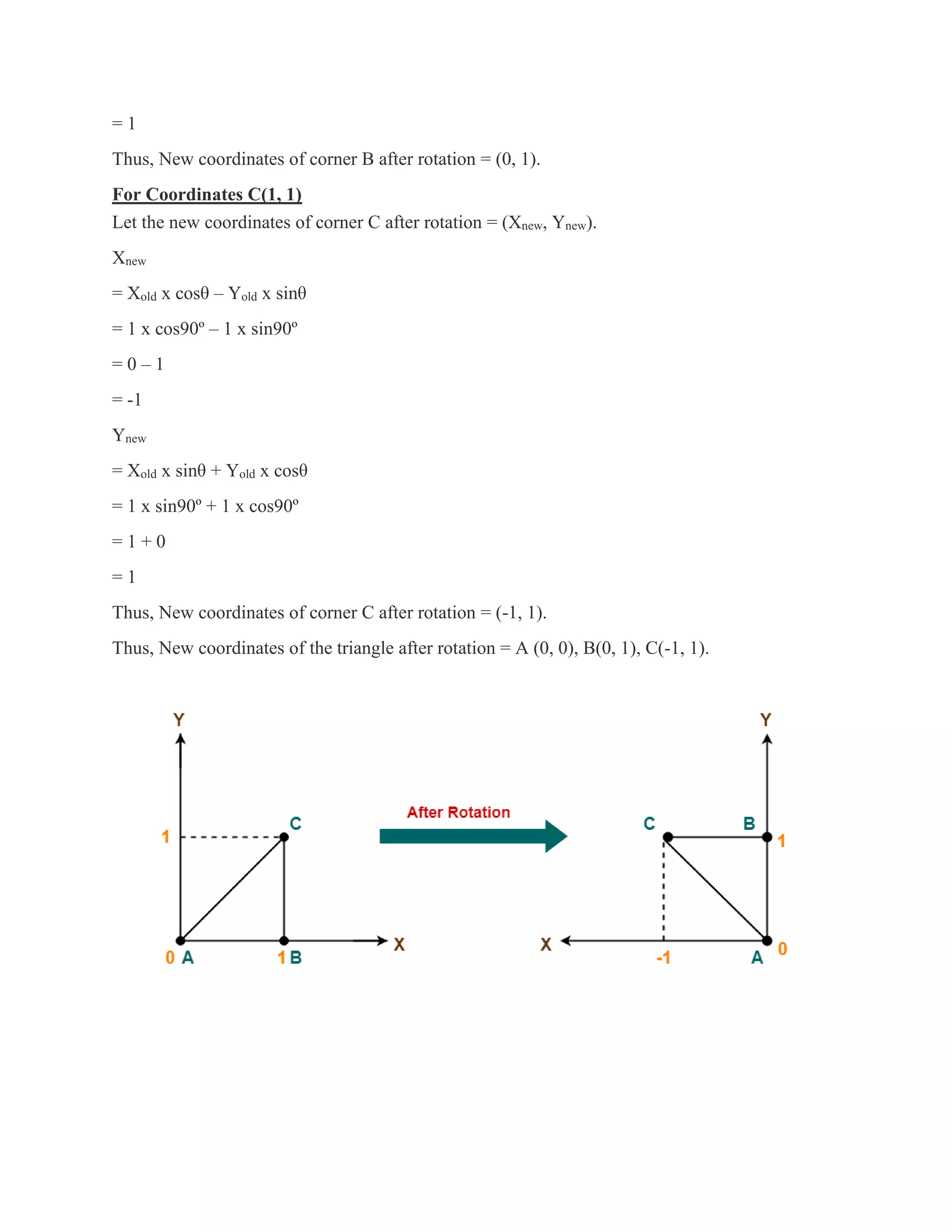 = 1
Thus, New coordinates of corner B after rotation = (0, 1).
For Coordinates C(1, 1)
Let the new coordinates of corner C after rotation = (Xnew, Ynew).
Xnew
= Xold x cosθ – Yold x sinθ
= 1 x cos90º – 1 x sin90º
= 0 – 1
= -1
Ynew
= Xold x sinθ + Yold x cosθ
= 1 x sin90º + 1 x cos90º
= 1 + 0
= 1
Thus, New coordinates of corner C after rotation = (-1, 1).
Thus, New coordinates of the triangle after rotation = A (0, 0), B(0, 1), C(-1, 1).
 