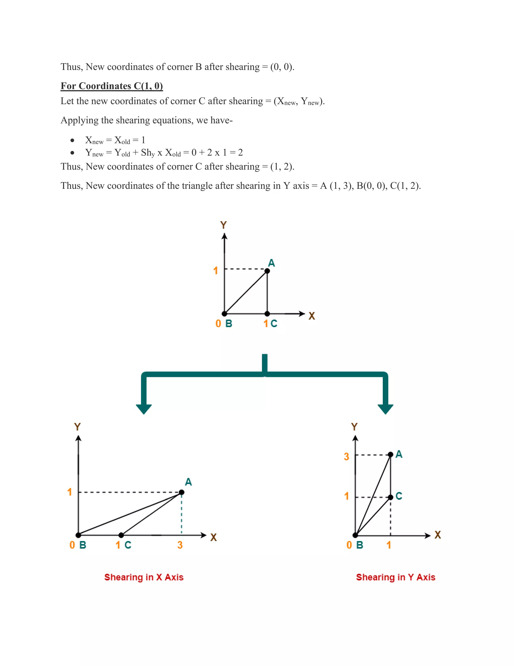 Thus, New coordinates of corner B after shearing = (0, 0).
For Coordinates C(1, 0)
Let the new coordinates of corner C after shearing = (Xnew, Ynew).
Applying the shearing equations, we have-
• Xnew = Xold = 1
• Ynew = Yold + Shy x Xold = 0 + 2 x 1 = 2
Thus, New coordinates of corner C after shearing = (1, 2).
Thus, New coordinates of the triangle after shearing in Y axis = A (1, 3), B(0, 0), C(1, 2).
 