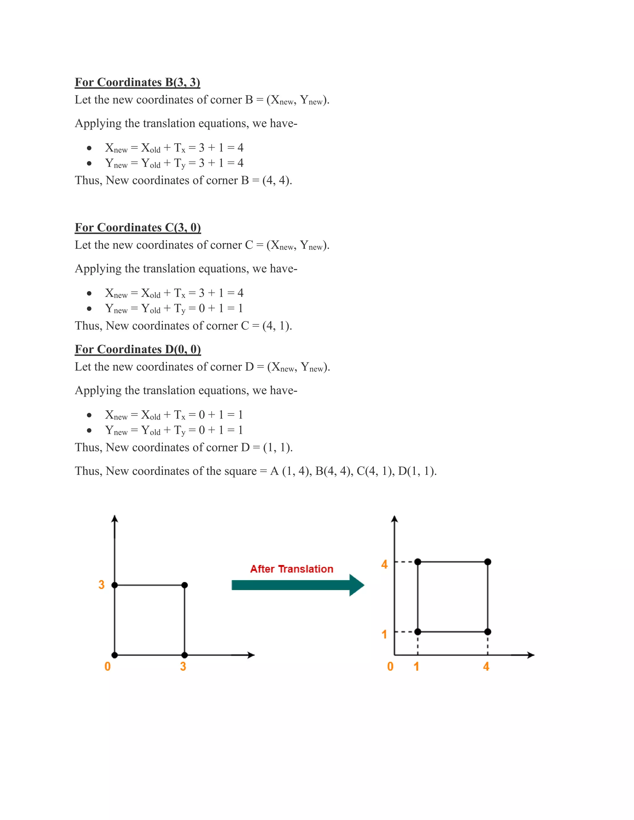 For Coordinates B(3, 3)
Let the new coordinates of corner B = (Xnew, Ynew).
Applying the translation equations, we have-
• Xnew = Xold + Tx = 3 + 1 = 4
• Ynew = Yold + Ty = 3 + 1 = 4
Thus, New coordinates of corner B = (4, 4).
For Coordinates C(3, 0)
Let the new coordinates of corner C = (Xnew, Ynew).
Applying the translation equations, we have-
• Xnew = Xold + Tx = 3 + 1 = 4
• Ynew = Yold + Ty = 0 + 1 = 1
Thus, New coordinates of corner C = (4, 1).
For Coordinates D(0, 0)
Let the new coordinates of corner D = (Xnew, Ynew).
Applying the translation equations, we have-
• Xnew = Xold + Tx = 0 + 1 = 1
• Ynew = Yold + Ty = 0 + 1 = 1
Thus, New coordinates of corner D = (1, 1).
Thus, New coordinates of the square = A (1, 4), B(4, 4), C(4, 1), D(1, 1).
 