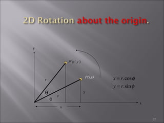 22
y
x
r
r
P’(x’,y’)
P(x,y)
θ
φ
y
φ
φ
sin.
cos.
ry
rx
=
=
x
 
