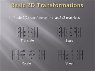  Basic 2D transformations as 3x3 matrices




















ΘΘ
Θ−Θ
=










1100
0cossin
0sincos
1
'
'
y
x
y
x




















=










1100
10
01
1
'
'
y
x
t
t
y
x
y
x




















=










1100
01
01
1
'
'
y
x
sh
sh
y
x
x
y
Translate
Rotate Shear




















=










1100
00
00
1
'
'
y
x
s
s
y
x
y
x
Scale
 