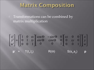  Transformations can be combined by
matrix multiplication
































ΘΘ
Θ−Θ








=








w
y
x
sy
sx
ty
tx
w
y
x
100
00
00
100
0cossin
0sincos
100
10
01
'
'
'
p’ = T(tx,ty) R(Θ) S(sx,sy) p
 