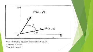 After substituting equation 2 in equation 1 we get
x’=x cos𝜃 − 𝑦 𝑠𝑖𝑛 𝜃
Y’=x sin𝜃 + y cos𝜃
 
