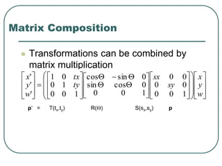 Matrix Composition
 Transformations can be combined by
matrix multiplication



















































w
y
x
sy
sx
ty
tx
w
y
x
100
00
00
100
0cossin
0sincos
100
10
01
'
'
'
p’ = T(tx,ty) R() S(sx,sy) p
 