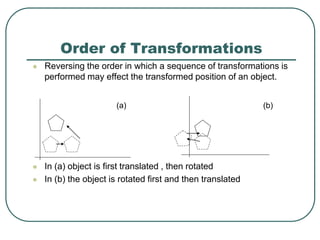 Order of Transformations
 Reversing the order in which a sequence of transformations is
performed may effect the transformed position of an object.
 In (a) object is first translated , then rotated
 In (b) the object is rotated first and then translated
(a) (b)
 