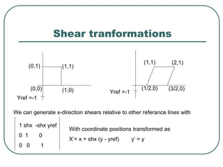Shear tranformations
Yref =-1
Yref =-1
(0,1) (1,1)
(1,0)(0,0)
(1,1) (2,1)
(3/2,0)(1/2,0)
We can generate x-direction shears relative to other referance lines with
1 shx -shx yref
0 1 0
0 0 1
With coordinate positions transformed as
X’= x + shx (y - yref) y’ = y
 
