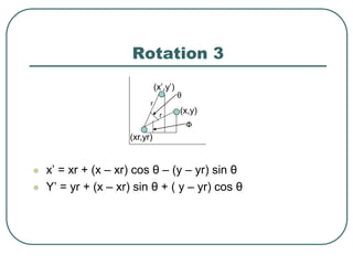 Rotation 3
 x’ = xr + (x – xr) cos θ – (y – yr) sin θ
 Y’ = yr + (x – xr) sin θ + ( y – yr) cos θ
r
r
Ф
θ
(x,y)
(x’,y’)
(xr,yr)
 