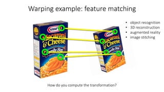 Warping example: feature matching
How do you compute the transformation?
• object recognition
• 3D reconstruction
• augmented reality
• image stitching
 