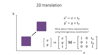 2D translation
What about matrix representation
using heterogeneous coordinates?
 