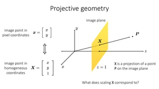 Projective geometry
image plane
X is a projection of a point
P on the image plane
image point in
pixel coordinates
image point in
homogeneous
coordinates
What does scaling X correspond to?
 