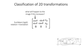 Classification of 2D transformations
Euclidean (rigid):
rotation + translation
what will happen to the
image if this increases?
 