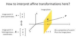 How to interpret affine transformations here?
image plane
X is a projection of a point
P on the image plane
image point in
pixel coordinates
image point in
heterogeneous
coordinates
 