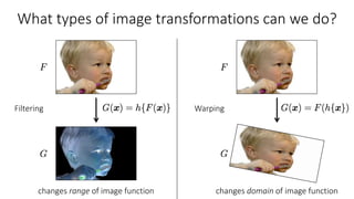 What types of image transformations can we do?
changes range of image function changes domain of image function
Filtering Warping
 