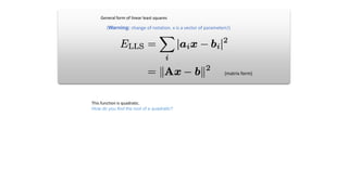 General form of linear least squares
(matrix form)
(Warning: change of notation. x is a vector of parameters!)
This function is quadratic.
How do you find the root of a quadratic?
 