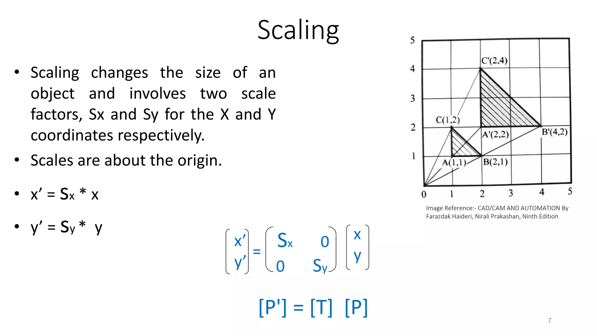 Scaling
• Scaling changes the size of an
object and involves two scale
factors, Sx and Sy for the X and Y
coordinates respectively.
• Scales are about the origin.
• x’ = sx * x
• y’ = sy * y
[P'] = [T] [P]
x’
y’
x
y
=
Sx 0
0 Sy
Image Reference:- CAD/CAM AND AUTOMATION By
Farazdak Haideri, Nirali Prakashan, Ninth Edition
7
 