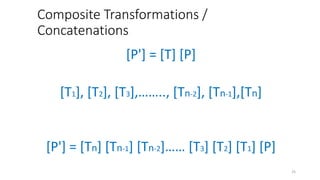Composite Transformations /
Concatenations
25
[P'] = [Tn] [Tn-1] [Tn-2]…… [T3] [T2] [T1] [P]
[P'] = [T] [P]
[T1], [T2], [T3],…….., [Tn-2], [Tn-1],[Tn]
 
