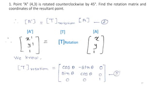 1. Point “A” (4,3) is rotated counterclockwise by 45°. Find the rotation matrix and
coordinates of the resultant point.
27
[A']
[T]Rotation
[A]
[T]
 