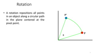 Rotation
5

P
P’
• A rotation repositions all points
in an object along a circular path
in the plane centered at the
pivot point.
 