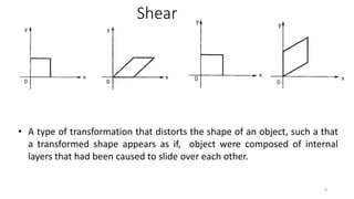 Shear
• A type of transformation that distorts the shape of an object, such a that
a transformed shape appears as if, object were composed of internal
layers that had been caused to slide over each other.
9
 