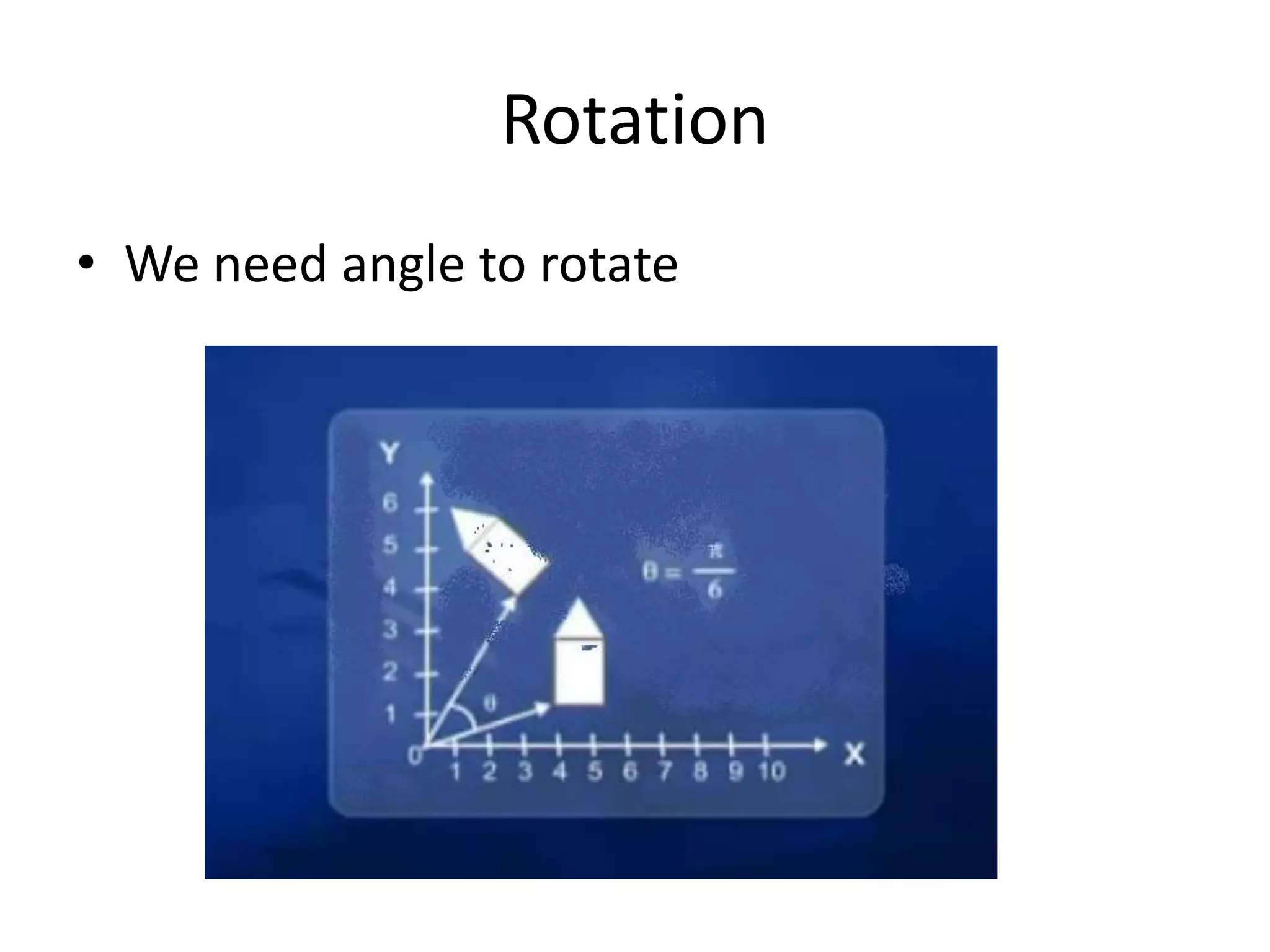 Rotation 
• We need angle to rotate 
 