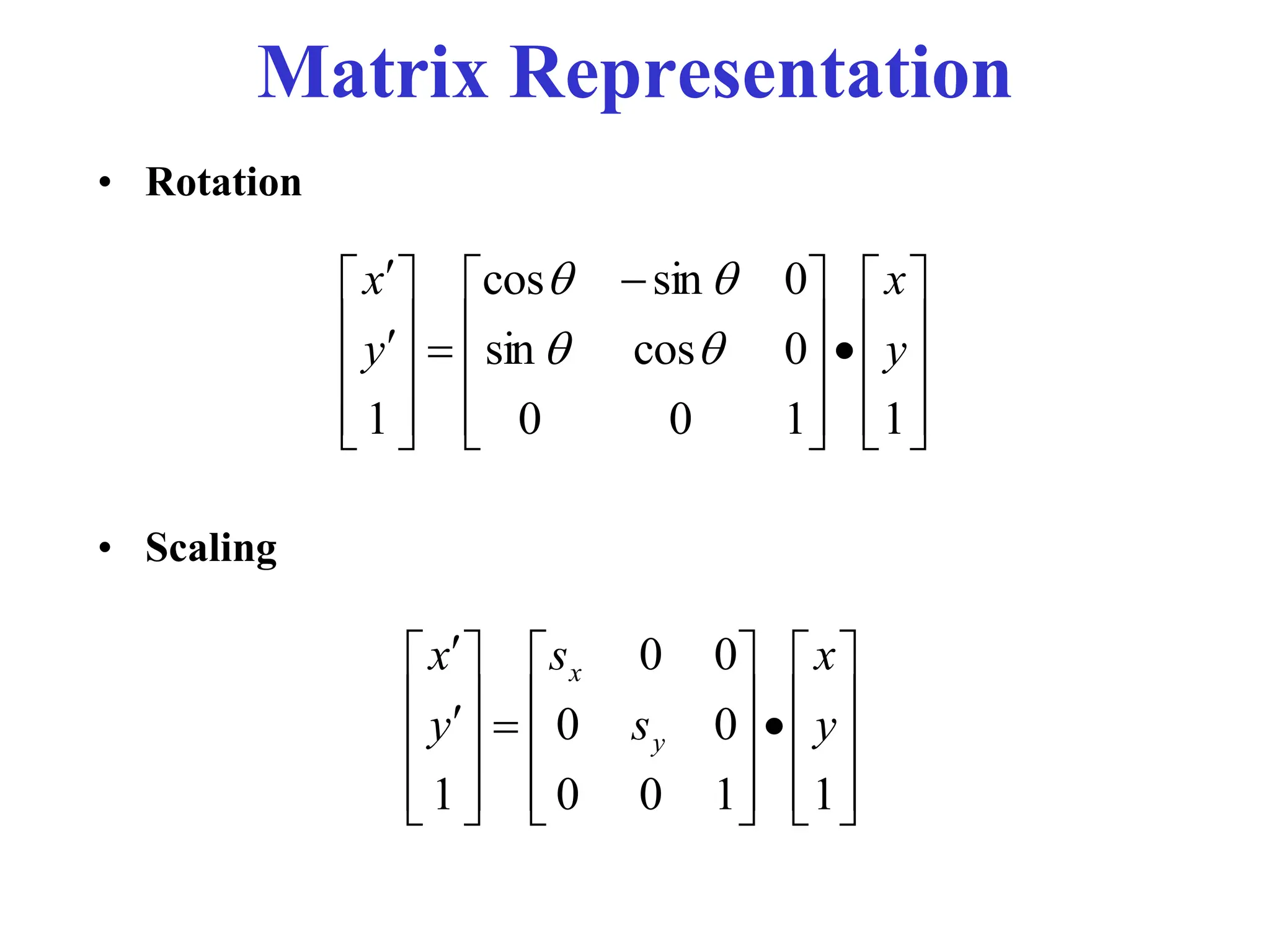 • Rotation
• Scaling
Matrix Representation




















 













1
1
0
0
0
cos
sin
0
sin
cos
1
y
x
y
x






































1
1
0
0
0
0
0
0
1
y
x
s
s
y
x
y
x
 