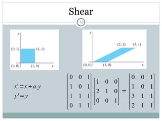 Shear























1
0
0
0
1
2
0
0
1
.
1
1
0
1
1
1
1
0
1
1
0
0
y
y
y
a
x
x



'
.
'












1
1
2
1
1
3
1
0
1
1
0
0
19
 