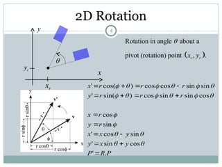 2D Rotation
x
y
r
x
r
y

 
Rotation in angle about a
pivot (rotation) point , .
r r
x y

P
R
P
y
x
y
y
x
x
r
y
r
x
r
r
r
y
r
r
r
x
.
'
cos
sin
'
sin
cos
'
sin
cos
cos
sin
sin
cos
)
sin(
'
sin
sin
cos
cos
)
cos(
'

































4
 