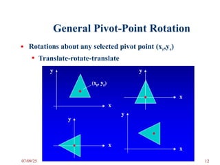 General Pivot-Point Rotation
• Rotations about any selected pivot point (xr,yr)
• Translate-rotate-translate
07/09/25 12
 