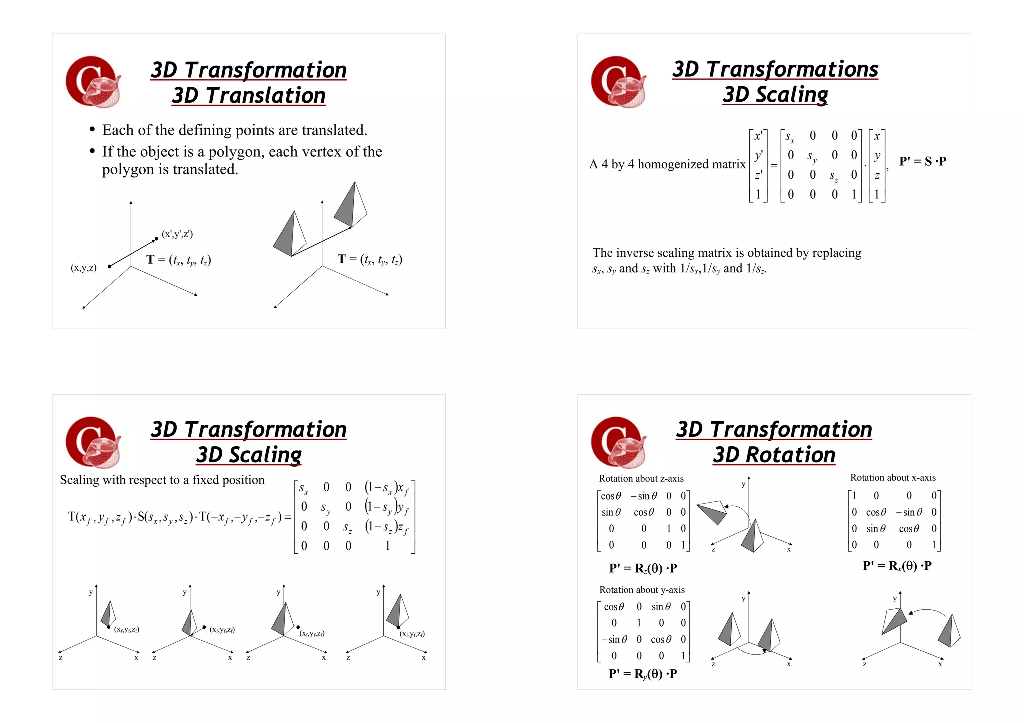 3D Transformation
3D Translation
● Each of the defining points are translated.
● If the object is a polygon, each vertex of the
polygon is translated.
(x',y',z')
(x,y,z)
T = (tx, ty, tz) T = (tx, ty, tz)
3D Transformations
3D Scaling
,
1
1
0
0
0
0
0
0
0
0
0
0
0
0
1
'
'
'
⎥
⎥
⎥
⎥
⎦
⎤
⎢
⎢
⎢
⎢
⎣
⎡
⋅
⎥
⎥
⎥
⎥
⎦
⎤
⎢
⎢
⎢
⎢
⎣
⎡
=
⎥
⎥
⎥
⎥
⎦
⎤
⎢
⎢
⎢
⎢
⎣
⎡
z
y
x
s
s
s
z
y
x
z
y
x
P' = S ·P
A 4 by 4 homogenized matrix
The inverse scaling matrix is obtained by replacing
sx, sy and sz with 1/sx,1/sy and 1/sz.
3D Transformation
3D Scaling
Scaling with respect to a fixed position
( )
( )
( )
⎥
⎥
⎥
⎥
⎦
⎤
⎢
⎢
⎢
⎢
⎣
⎡
−
−
−
=
−
−
−
⋅
⋅
1
0
0
0
1
0
0
1
0
0
1
0
0
)
,
,
(
T
)
,
,
(
S
)
,
,
(
T
f
z
z
f
y
y
f
x
x
f
f
f
z
y
x
f
f
f
z
s
s
y
s
s
x
s
s
z
y
x
s
s
s
z
y
x
x
y
z x
y
z x
y
z x
y
z
(xf,yf,zf) (xf,yf,zf)
(xf,yf,zf) (xf,yf,zf)
3D Transformation
3D Rotation
⎥
⎥
⎥
⎥
⎦
⎤
⎢
⎢
⎢
⎢
⎣
⎡ −
1
0
0
0
0
1
0
0
0
0
cos
sin
0
0
sin
cos
θ
θ
θ
θ
x
y
z
x
y
z
x
y
z
⎥
⎥
⎥
⎥
⎦
⎤
⎢
⎢
⎢
⎢
⎣
⎡
−
1
0
0
0
0
cos
sin
0
0
sin
cos
0
0
0
0
1
θ
θ
θ
θ
⎥
⎥
⎥
⎥
⎦
⎤
⎢
⎢
⎢
⎢
⎣
⎡
−
1
0
0
0
0
cos
0
sin
0
0
1
0
0
sin
0
cos
θ
θ
θ
θ
P' = Rz(θ) ·P P' = Rx(θ) ·P
P' = Ry(θ) ·P
Rotation about z-axis Rotation about x-axis
Rotation about y-axis
 