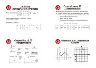 2D Scaling
Homogeneous Coordinates
Matrix representation: ,
1
1
0
0
0
0
0
0
1
'
'
⎥
⎥
⎥
⎦
⎤
⎢
⎢
⎢
⎣
⎡
⋅
⎥
⎥
⎥
⎦
⎤
⎢
⎢
⎢
⎣
⎡
=
⎥
⎥
⎥
⎦
⎤
⎢
⎢
⎢
⎣
⎡
y
x
s
s
y
x
y
x
P' = S(sx,sy) · P
The inverse scaling matrix is obtained by replacing
sx and sy with 1/sx and 1/sy.
⎥
⎥
⎥
⎦
⎤
⎢
⎢
⎢
⎣
⎡
⋅
⋅
=
⎥
⎥
⎥
⎦
⎤
⎢
⎢
⎢
⎣
⎡
⋅
⎥
⎥
⎥
⎦
⎤
⎢
⎢
⎢
⎣
⎡
1
0
0
0
0
0
0
1
0
0
0
0
0
0
1
0
0
0
0
0
0
2
1
2
1
1
1
2
2
x
x
x
x
y
x
y
x
s
s
s
s
s
s
s
s
Scaling from P to P' to P'':
Composition of 2D
Transformations
● OpenGL provides a rotation function only about the origin.
● To rotate an object about an arbitrary point (pivot point) we
need to do a sequence of three fundamental transformations.
1. Translate the pivot point to origin.
2. Rotate about the origin.
3. Translate the pivot point back to the original position.
( )
( )
⎥
⎥
⎥
⎦
⎤
⎢
⎢
⎢
⎣
⎡
−
−
+
−
−
=
⎥
⎥
⎥
⎦
⎤
⎢
⎢
⎢
⎣
⎡
−
−
⋅
⎥
⎥
⎥
⎦
⎤
⎢
⎢
⎢
⎣
⎡ −
⋅
⎥
⎥
⎥
⎦
⎤
⎢
⎢
⎢
⎣
⎡
1
0
0
sin
cos
1
cos
sin
sin
cos
1
sin
cos
1
0
0
1
0
0
1
1
0
0
0
cos
sin
0
sin
cos
1
0
0
1
0
0
1
1
1
1
1
1
1
1
1
θ
θ
θ
θ
θ
θ
θ
θ
θ
θ
θ
θ
x
y
y
x
y
x
y
x
T(x1, y1) · R(θ) · T(-x1, -y1) =
Composition of 2D
Transformation
Composition of 2D Transformation
Examples
 