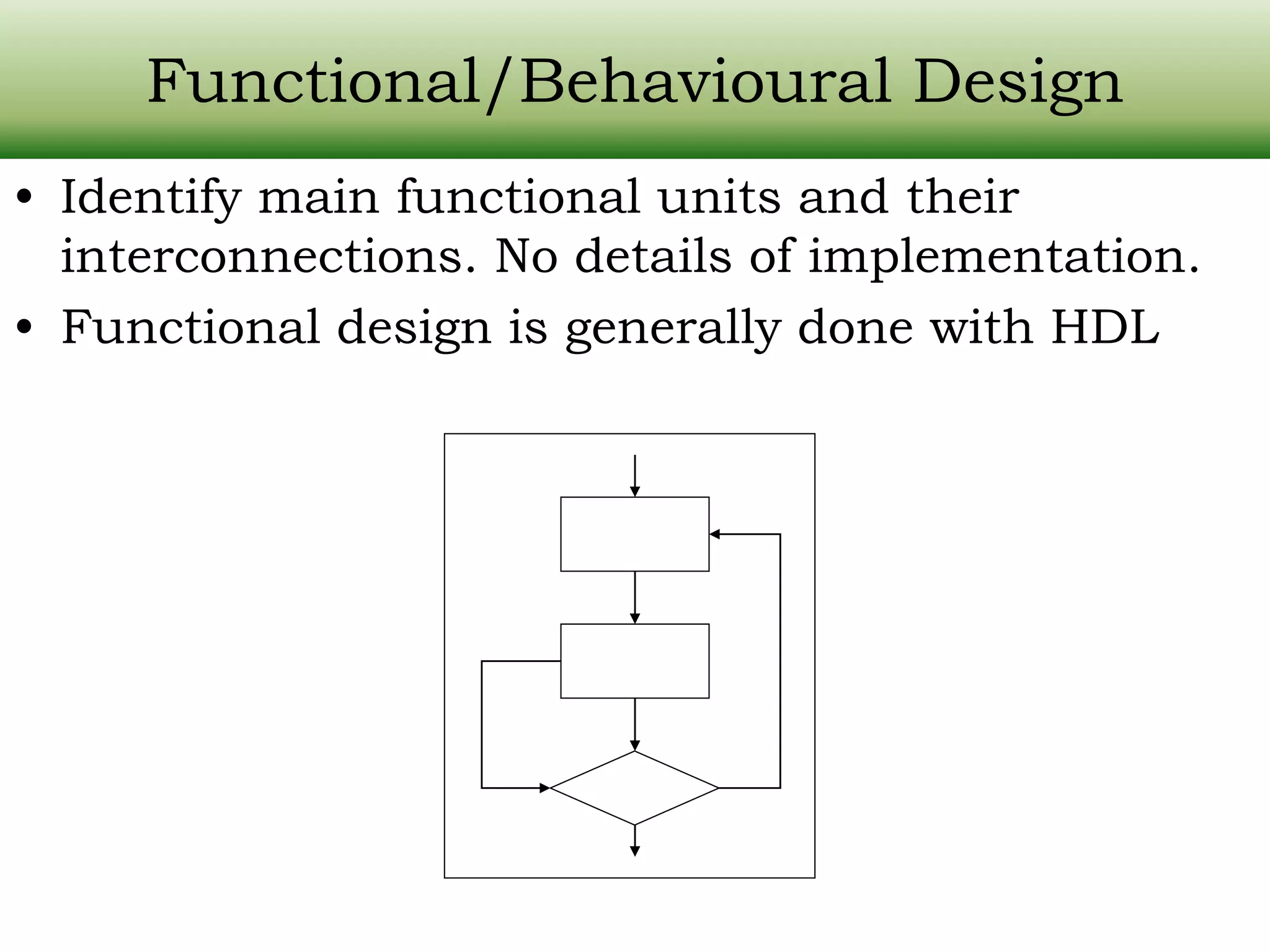 Functional/Behavioural Design • Identify main functional units and their interconnections. No details of implementation. • Functional design is generally done with HDL 