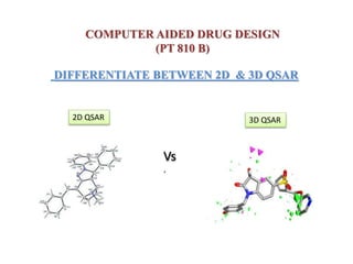 COMPUTER AIDED DRUG DESIGN
(PT 810 B)
DIFFERENTIATE BETWEEN 2D & 3D QSAR
2D QSAR
Vs
.
3D QSAR
 