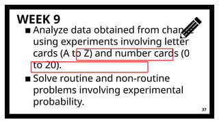 37
WEEK 9
▪ Analyze data obtained from chance
using experiments involving letter
cards (A to Z) and number cards (0
to 20).
▪ Solve routine and non-routine
problems involving experimental
probability.
 