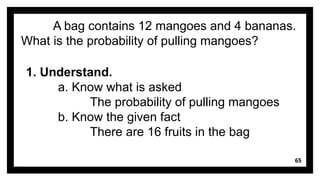 65
A bag contains 12 mangoes and 4 bananas.
What is the probability of pulling mangoes?
1. Understand.
a. Know what is asked
The probability of pulling mangoes
b. Know the given fact
There are 16 fruits in the bag
 