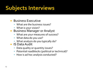    Business Executive
          What are the business issues?
          What is your vision?
        Business Manager or Analyst
          What are your measures of success?
          What data do you use?
          What analysis do you typically do?
        IS Data Audit
          Data quality or quantity issues?
          Potential roadblocks (political or technical)?
          How is ad hoc analysis conducted?



13
 