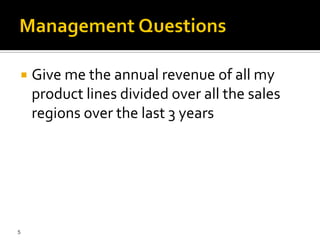    Give me the annual revenue of all my
    product lines divided over all the sales
    regions over the last 3 years




5
 