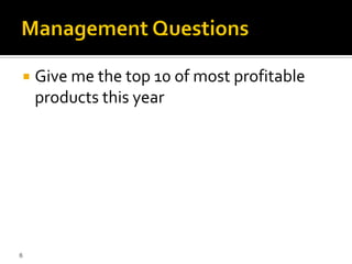    Give me the top 10 of most profitable
    products this year




6
 