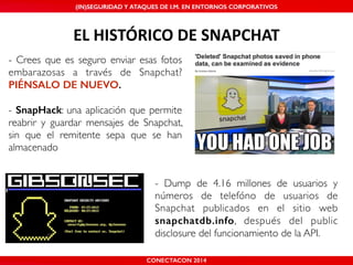 MALICIOUS THREATS, (IN)SEGURIDAD VULNERABILITIES Y ATAQUES AND DE DEFENSES I.M. EN ENTORNOS IN WHATSAPP CORPORATIVOS 
AND MOBILE I.M. PLATFORMS 
EL'HISTÓRICO'DE'SNAPCHAT 
- Crees que es seguro enviar esas fotos 
embarazosas a través de Snapchat? 
PIÉNSALO DE NUEVO. 
! 
- SnapHack: una aplicación que permite 
reabrir y guardar mensajes de Snapchat, 
sin que el remitente sepa que se han 
almacenado 
- Dump de 4.16 millones de usuarios y 
números de telefóno de usuarios de 
Snapchat publicados en el sitio web 
snapchatdb.info, después del public 
disclosure del funcionamiento de la API. 
CONECTACON SHMOOCON 2014 
2014 
 