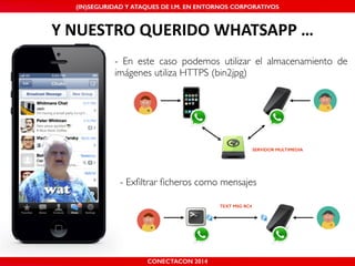 MALICIOUS THREATS, (IN)SEGURIDAD VULNERABILITIES Y ATAQUES AND DE DEFENSES I.M. EN ENTORNOS IN WHATSAPP CORPORATIVOS 
AND MOBILE I.M. PLATFORMS 
Y'NUESTRO'QUERIDO'WHATSAPP'… 
- En este caso podemos utilizar el almacenamiento de 
imágenes utiliza HTTPS (bin2jpg) 
SHMOOCON 2014 
TEXT MSG RC4 
SERVIDOR MULTIMEDIA 
- Exfiltrar ficheros como mensajes 
CONECTACON 2014 
 