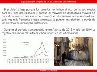MALICIOUS THREATS, (IN)SEGURIDAD VULNERABILITIES Y ATAQUES AND DE DEFENSES I.M. EN ENTORNOS IN WHATSAPP CORPORATIVOS 
AND MOBILE I.M. PLATFORMS 
- El problema llega porque los usuarios no limitan el uso de las tecnologías 
para los fines profesionales y porque el malware en dispositivos móviles no 
para de aumentar. Los casos de malware en dispositivos como Android son 
cada vez más frecuente y estas amenazas se pueden transferirse a través de 
los sistemas de mensajería instantánea.! 
! 
- Durante el periodo comprendido entre Agosto de 2013 y Julio de 2014 se 
registró el número más alto de ciberataques en los últimos años. 
CONECTACON SHMOOCON 2014 
2014 
 