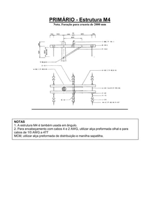 PRIMÁRIO - Estrutura M4
                           Nota. Furação para cruzeta de 2000 mm




NOTAS
1. A estrutura M4 é também usada em ângulo.
2. Para encabeçamento com cabos 4 e 2 AWG, utilizar alça preformada olhal e para
cabos de 1/0 AWG a 477
MCM, utilizar alça preformada de distribuição e manilha sapatilha.
 