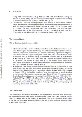 6 AL-MUSALLI
(Foley, 1985, p. iii; Harrington, 2001, p. 99; Howe, 1995, p. 98; Irvine-Niakaris, 1997, p. 17;
Sullivan & Zhong, 1989, p. 34), and focusing on whole or parts of sentences and attending
to grammatical relationships (Baltaglia & Fisher, 1982, p. xi).
• Lexical skills: These skills involve getting the direct meaning of words, phrases, and sen-
tences, which requires concentrating on speciﬁc words and making appropriate choices to
what they mean by depending on context (Baltaglia & Fisher, 1982, p. xii; Boyle, 1993,
p. 37; Evans, 1984, p. 49; Finocchiaro & Sako, 1983, p. 104; Foley, 1984, p. iii; Goh, 1997,
p. 366; Howe, 1995, p. 98; Irvine-Niakaris, 1997, p. 17; McDowell & Hart, 1988, p. 4;
O’Dell, 1987, p. 156; Rivers, 1971, p. 131; Sullivan & Zhong, 1989, p. 37).
The Inferential Level
This level includes the following two skills:
• Inferential skills: These involve all the types of inferences that the listener makes to under-
stand the message. It includes the following two subskills: inferring the speaker’s attitudes,
intentions, implications, motivations, and purposes; and making expectations and predic-
tions about what he will say next (Baltaglia & Fisher, 1982, p. xii; Dunkel & Pialorsi, 1982,
p. viii; Evans, 1984, p. 49; Foley, 1985, p. iii; Hubbard & Sweetman, 1993, p. 40; McDowell
& Hart, 1988, p. 4; Rivers, 1971, p. 131; Wang, 1971, reported in Paulston & Bruder, 1976,
p. 128; Willis, 1981, reported in Yagang, 1993, p. 16), and inferring spatial, temporal, and
other logical relationships, as well as social and cultural settings (Hubbard & Sweetman,
1993, p. 41; Sullivan & Zhong, 1989, pp. 41–43).
• Textual skills: These involve grasping the development of the text, the recognition of main
ideas, details, cause and effect relationships, which require: connecting between the parts of
the text (Irvine-Niakaris, 1997, p. 17), recognizing cohesive devices (Willis (1981) reported
in Yagang, 1993, p. 16), handling variation of style, tone, and forms of speech according
to assessments of the situation, purpose, and topic (Howe, 1995, p. 95), concentrating on
details, depending on the purpose of listening (Foley, 1985, p. iii; Howe, 1995, p. 96; Irvine-
Niakaris, 1997, p. 17; McDowell & Hart, 1988, p. 4; Sullivan & Zhong, 1989, p. 4; Yagang,
1993, p. 16), comprehending the gist of what is said (Irvine-Niakaris, 1997, p. 17; O’Dell,
1987, p. 156; Rivers 1971, p. 132; Sullivan & Zhong, 1989, p. 34), and organizing and
sequencing ideas (Howe, 1995, p. 94).
The Critical Level
This level includes the following two subskills: making appropriate judgments about the message,
the speaker’s personality, topic, and so forth (Baltaglia & Fisher, 1982, p. xii; Dunkel & Pialorsi,
1982, p. x; Howe, 1995, p. 94; Hubbard & Sweetman, 1993, p. 40; Sullivan & Zhong, 1989,
p. 34), and judging how the purpose of the interaction is achieved (Hubbard & Sweetman, 1993,
p. 40; Rivers, 1971, p. 132).
Downloadedby[142.179.75.108]at20:1225February2015
 
