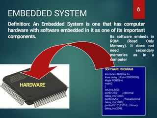 6
EMBEDDED SYSTEM
Definition: An Embedded System is one that has computer
hardware with software embedded in it as one of its important
components.
SOFTWAREPROGRAM
#include <16f876a.h>
#use delay (clock=20000000)
#byte PORTB=6
main()
{
set_tris_b(0);
portb=255; //decimal
delay_ms(1000);
portb=0x55; //hexadecimal
delay_ms(1000);
portb=0b10101010; //binary
delay_ms(500);
}
Its software embeds in
ROM (Read Only
Memory). It does not
need secondary
memories as in a
computer
HARDWARE
 