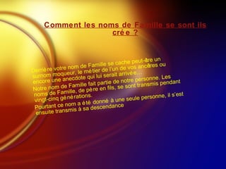 Comment les noms de Famille se sont ils crée ? Derrière votre nom de Famille se cache peut- être un surnom moqueur, le métier de l’un de vos ancêtres ou encore une anecdote qui lui serait arrivée… Notre nom de Famille fait partie de notre personne. Les noms de Famille, de père en fils, se sont transmis pendant vingt-cinq générations. Pourtant ce nom a été donné à une seule personne, il s’est ensuite transmis à sa descendance  