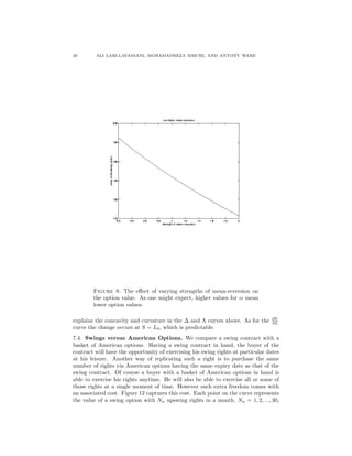 20 ALI LARI-LAVASSANI, MOHAMADREZA SIMCHI, AND ANTONY WARE
Figure 8. The eﬀect of varying strengths of mean-reversion on
the option value. As one might expect, higher values for α mean
lower option values.
explains the concavity and curvature in the ∆ and Λ curves above. As for the ∂V
∂L
curve the change occurs at S = L0, which is predictable.
7.4. Swings versus American Options. We compare a swing contract with a
basket of American options. Having a swing contract in hand, the buyer of the
contract will have the opportunity of exercising his swing rights at particular dates
at his leisure. Another way of replicating such a right is to purchase the same
number of rights via American options having the same expiry date as that of the
swing contract. Of course a buyer with a basket of American options in hand is
able to exercise his rights anytime. He will also be able to exercise all or some of
those rights at a single moment of time. However such extra freedom comes with
an associated cost. Figure 12 captures this cost. Each point on the curve represents
the value of a swing option with Nu upswing rights in a month, Nu = 1, 2, ..., 30,
 