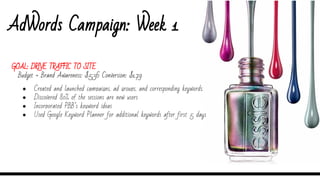 AdWords Campaign: Week 1
Budget = Brand Awareness: $5.36 Conversion: $1.79
● Created and launched campaigns, ad groups, and corresponding keywords.
● Discovered 80% of the sessions are new users
● Incorporated PBB’s keyword ideas
● Used Google Keyword Planner for additional keywords after first 5 days
GOAL: DRIVE TRAFFIC TO SITE
 